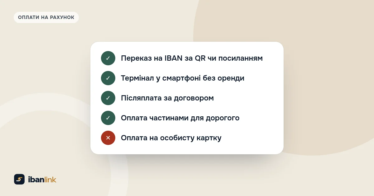 Чекліст альтернатив еквайрингу: переказ на IBAN, термінал у смартфоні, післяплата й розстрочка, а особиста картка відхилена