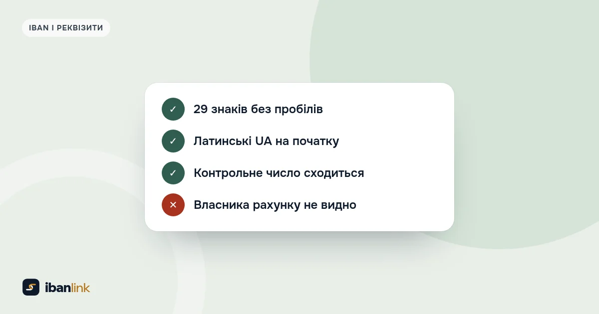 Чекліст перевірки IBAN: 29 знаків, латинські UA, контрольне число, а власника рахунку перевірка не показує